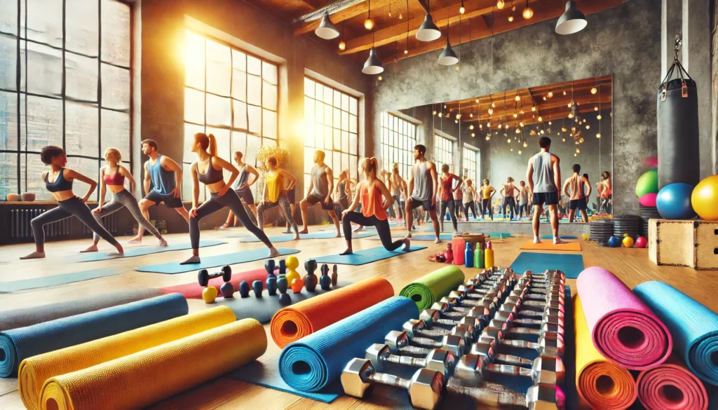 A large group of people participate in a yoga class in a spacious, sunlit studio. The foreground displays colorful yoga mats, dumbbells, and fitness equipment to help everyone get fit.