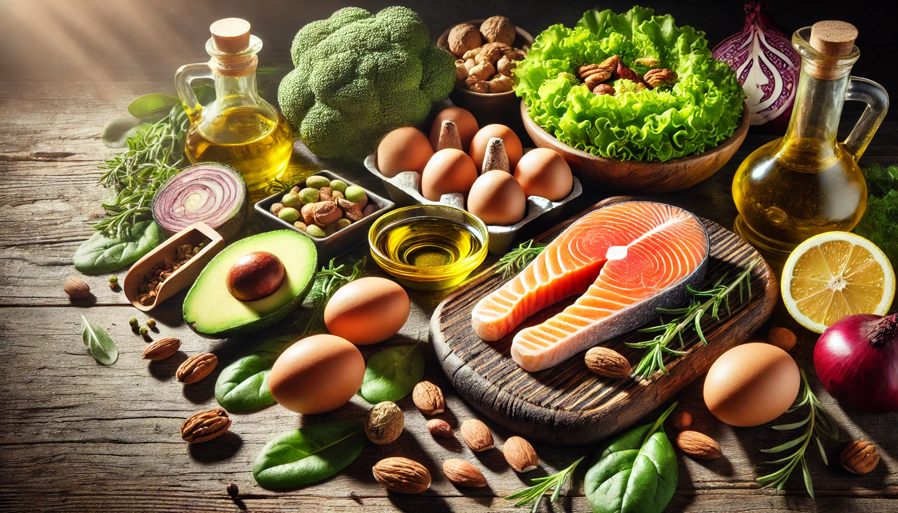 A variety of fresh ingredients including eggs, salmon, broccoli, lettuce, avocado, nuts, olive oil, lemon, onion, and herbs arranged on a wooden surface.