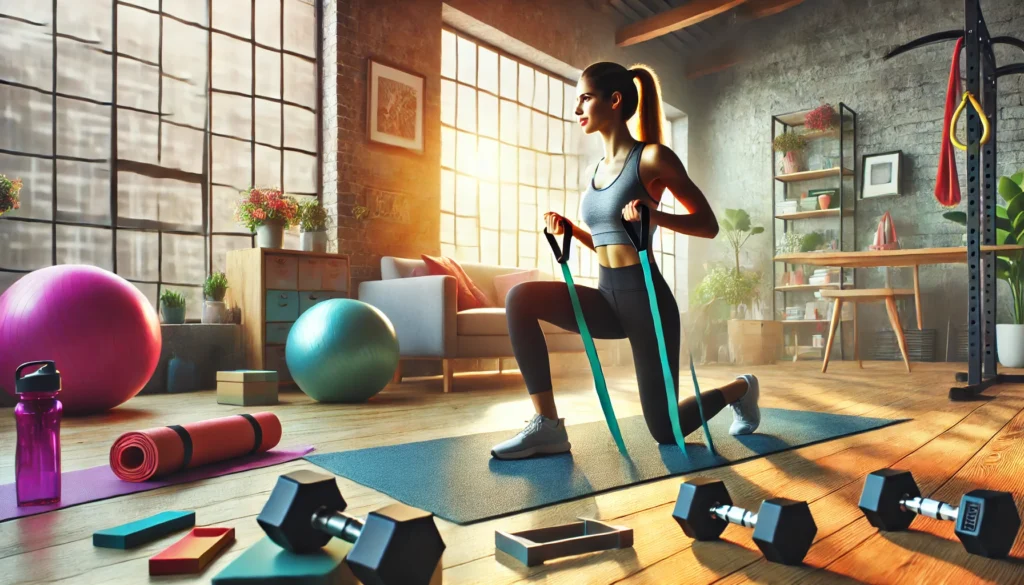 A woman demonstrates how to get fit in 2024 by exercising with resistance bands on a yoga mat in a well-lit home gym, surrounded by various workout equipment, including dumbbells, an exercise ball, and a water bottle.