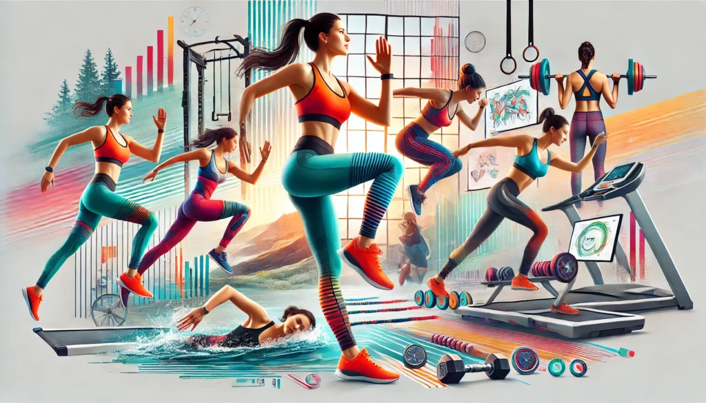 A woman engaging in various workout activities, including running, swimming, weightlifting, using a treadmill, and jumping, set in a colorful, dynamic background with fitness equipment and charts. Perfect for illustrating "How to Get Fit 2024.