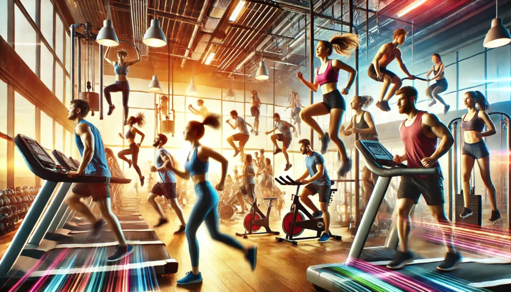 A lively gym scene with people actively using treadmills, stationary bikes, and other fitness equipment showcases some of the best cardio workouts. Bright lighting and motion blur create a dynamic atmosphere.