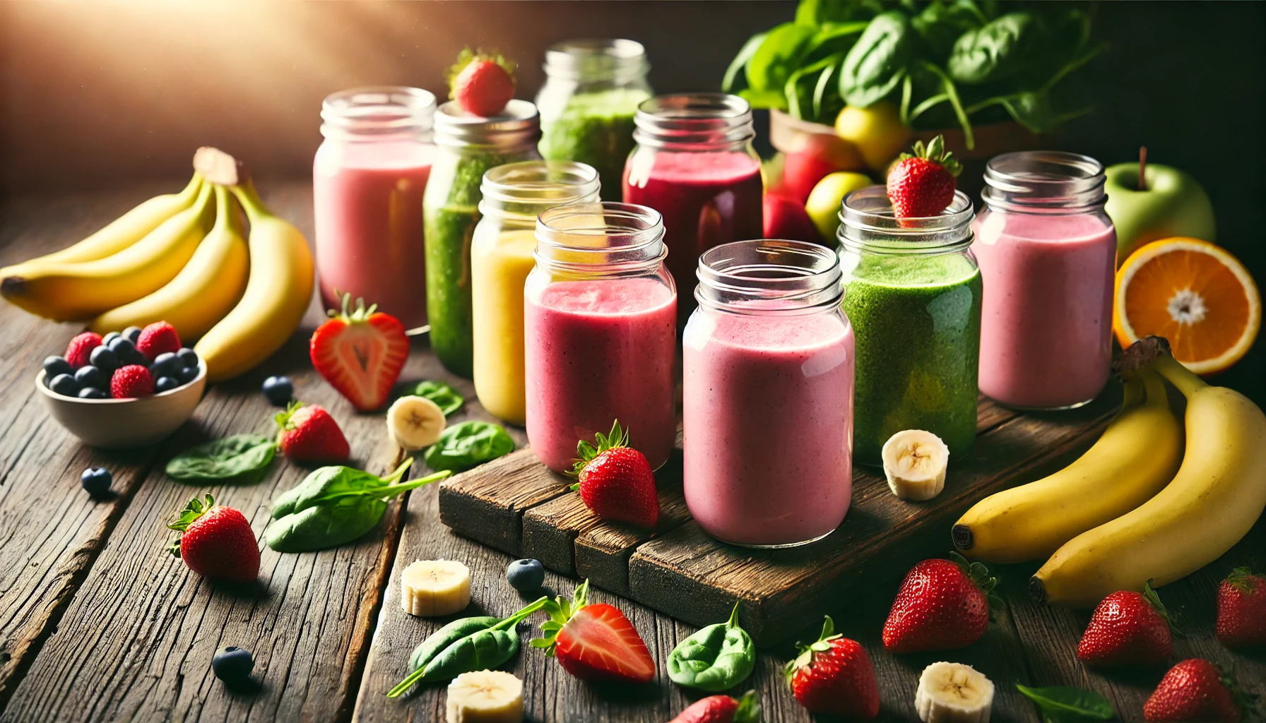 Assorted fruit and vegetable smoothies in mason jars, perfect for a smoothie diet, surrounded by bananas, strawberries, spinach, and other fruits on a wooden table.