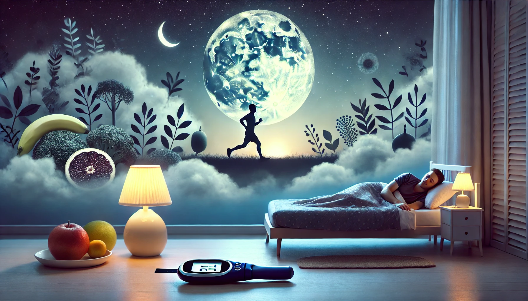 A person sleeps in a room, with fruit on a table and a diabetes monitor in the foreground. The wall shows a mural with a runner, plants, a moon, and stars.