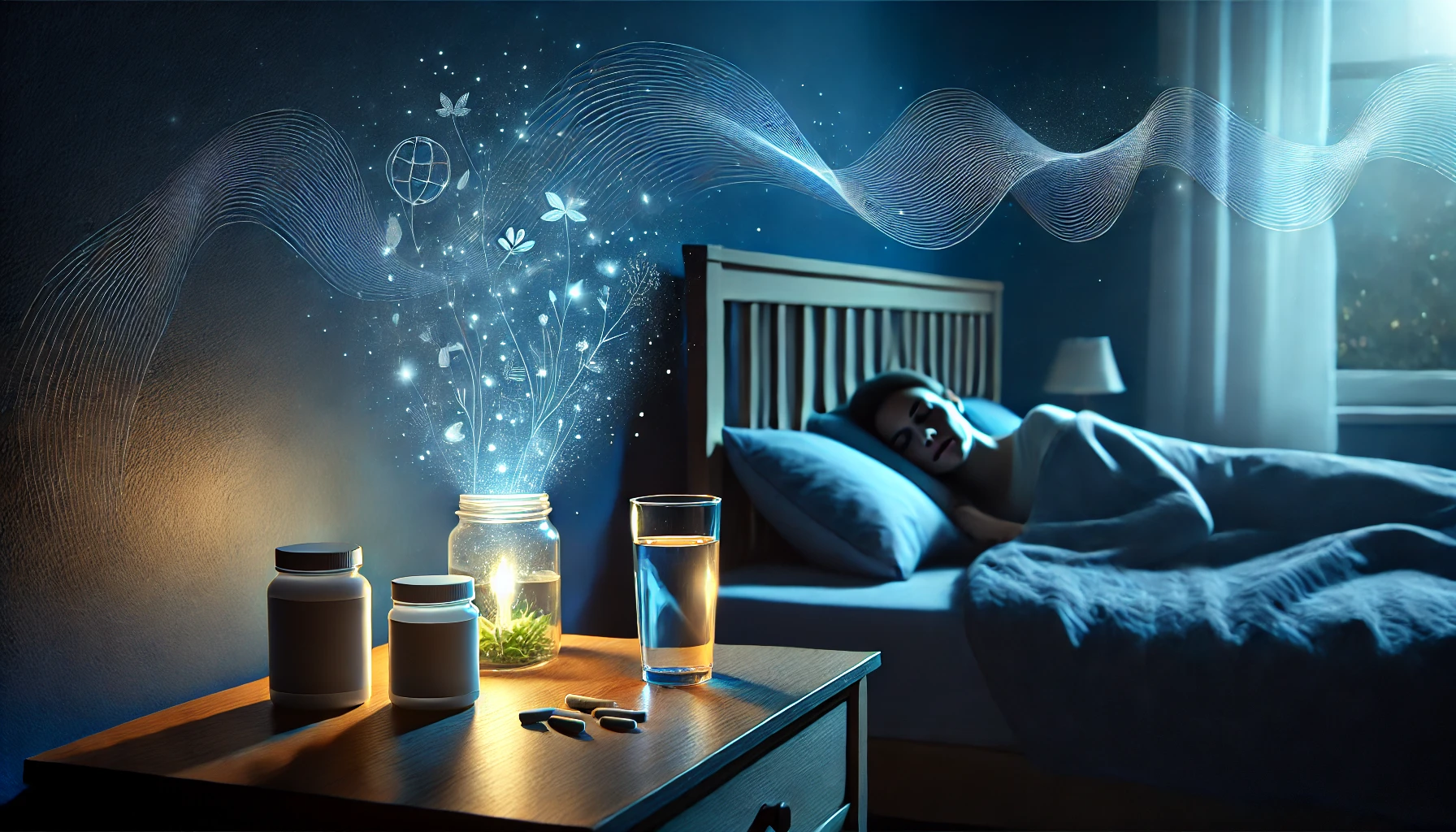 A person sleeps in bed while a nightstand holds pills, a glass of water, and a glowing jar emitting whimsical light and figures.