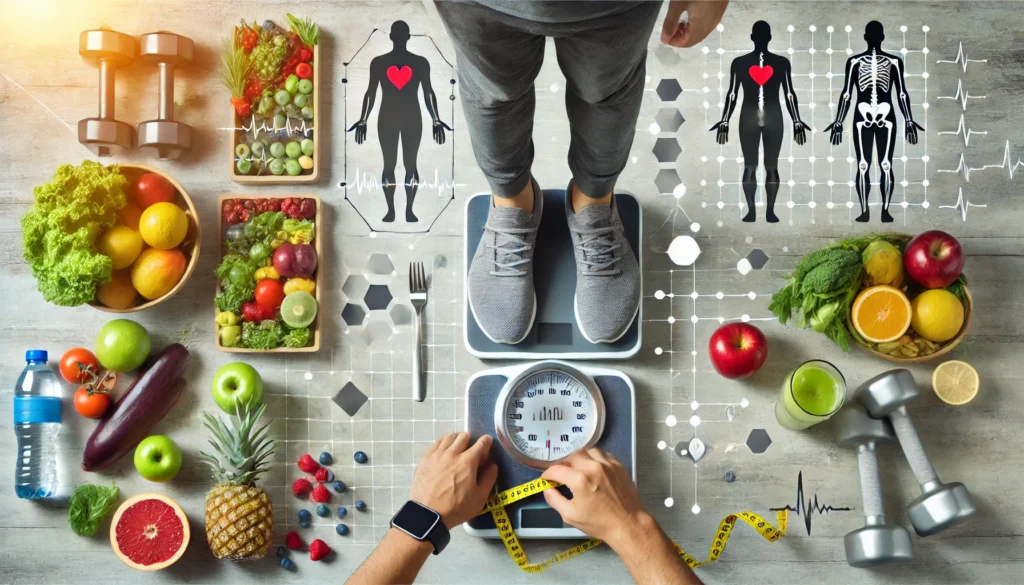 A person standing on a scale surrounded by healthy food, a tape measure, dumbbells, and health data graphics, illustrating how to get fit in 2024 with a focus on nutrition, fitness, and well-being.