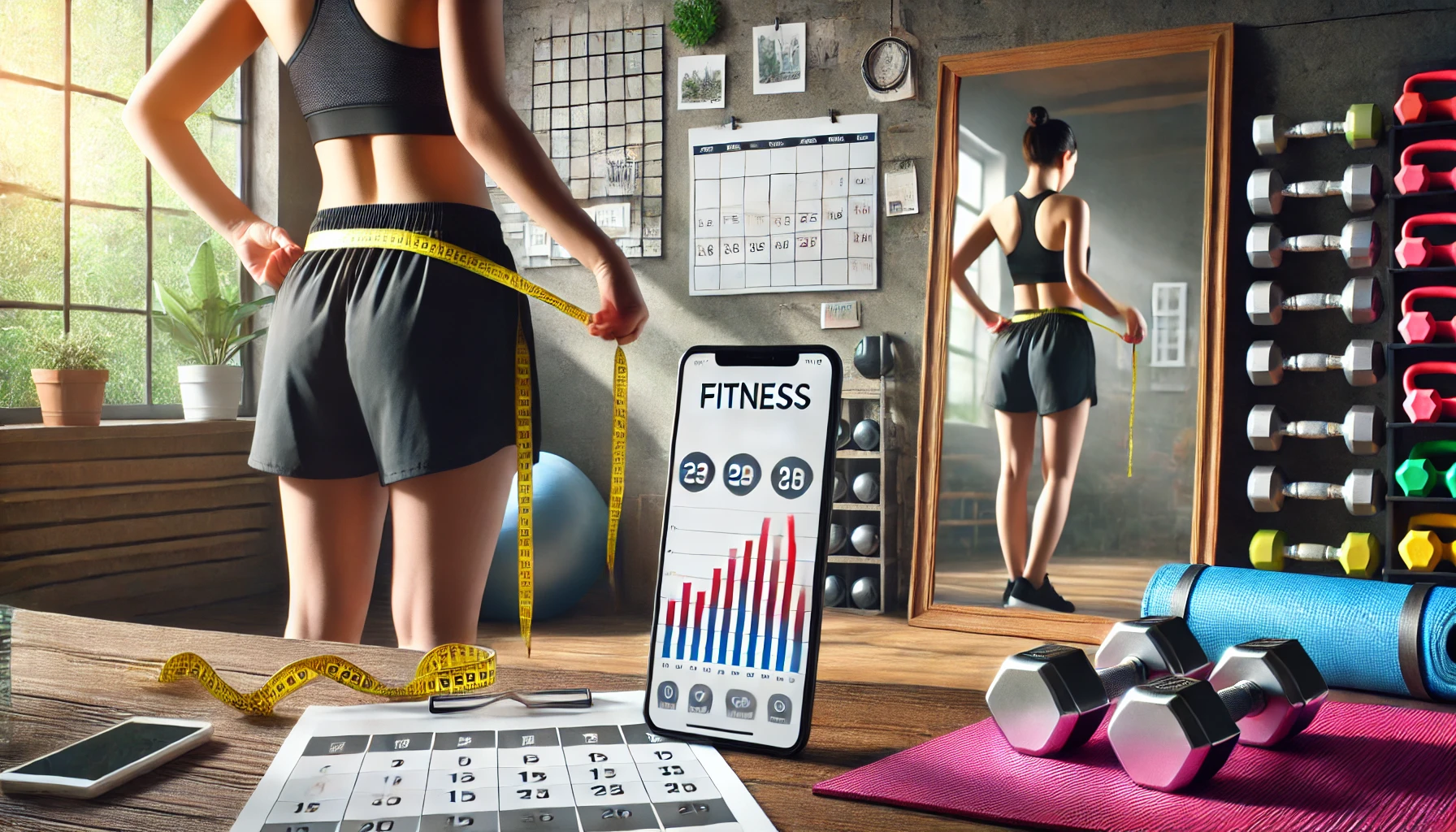 A person measures their waist with a tape measure in a home gym. A smartphone displays fitness progress. Dumbbells, a yoga mat, and a calendar are in the foreground, with a mirror reflecting the person.