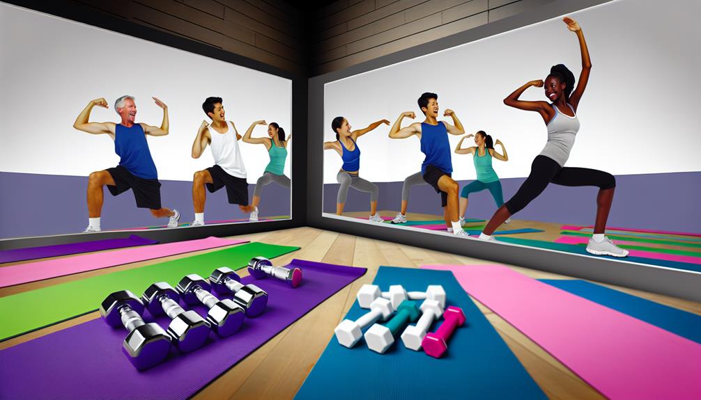 A group fitness class with participants stretching in front of large mirrors. Yoga mats and dumbbells are placed on the floor.