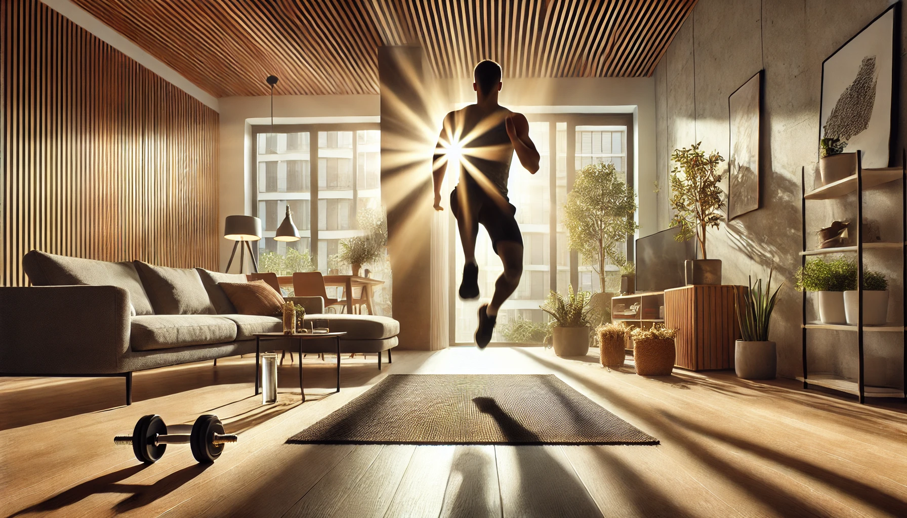 A person engages in cardio workouts at home in a modern living room with sunlight streaming through large windows. The room features wooden floors, indoor plants, and fitness equipment like a mat and dumbbells.