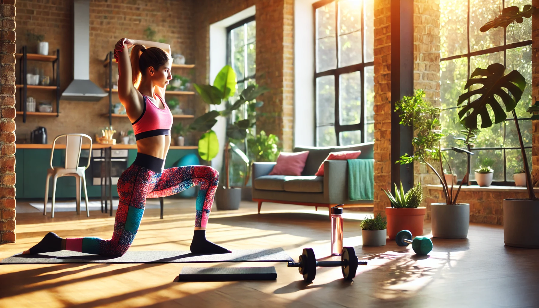 A woman in workout attire performs a lunge exercise in a sunlit living room with dumbbells, a water bottle, and plants nearby.