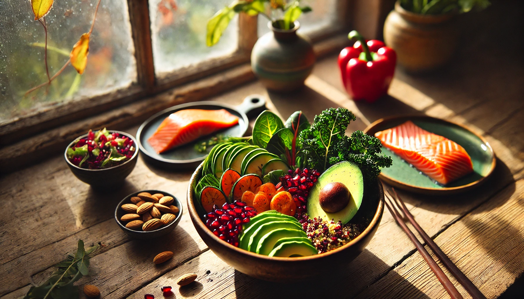 A bowl of assorted vegetables and fruits, including avocado, kale, and pomegranate, with salmon slices on plates, almonds, and salad on a rustic wooden table by a window.