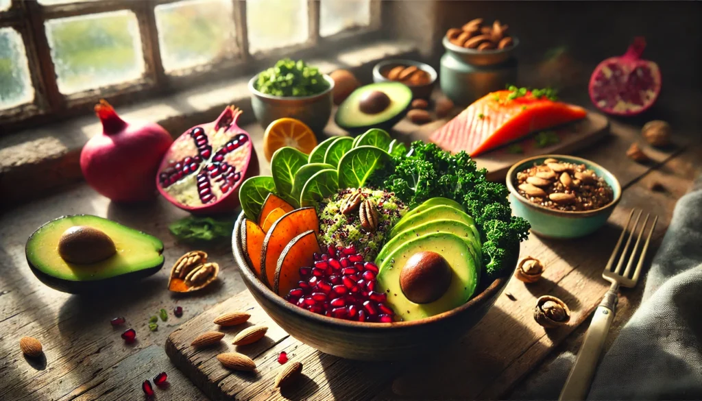 A rustic table with a bowl of avocado, kale, carrots, and pomegranate, surrounded by salmon, nuts, pomegranate halves, and citrus slices.