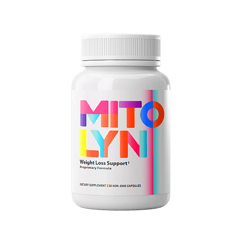 A bottle labeled "MITOLYN" with colorful text, marketed as a weight loss support dietary supplement, containing 120 non-GMO capsules.