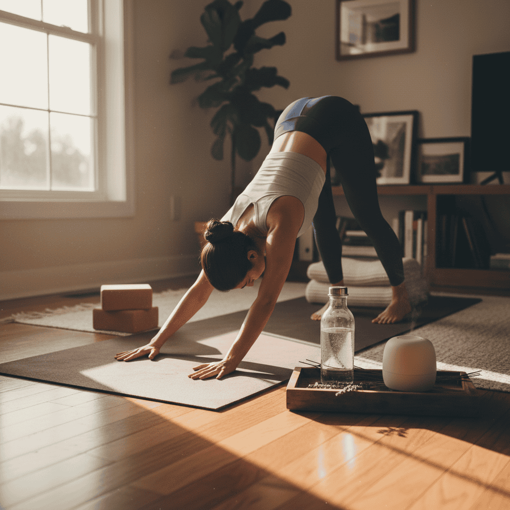 A woman practices yoga in a well-lit living room, performing a downward dog pose on a mat with yoga props, a water bottle, and diffuser nearby.