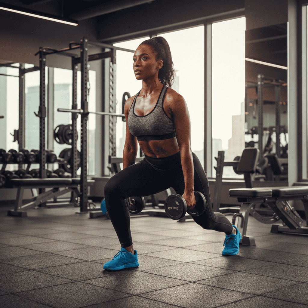 A woman in athletic wear performs lunges with dumbbells in a modern gym, showcasing effective moves from the Lower Body Strength Training for Women: Complete 2025 Guide, surrounded by exercise equipment and large windows.