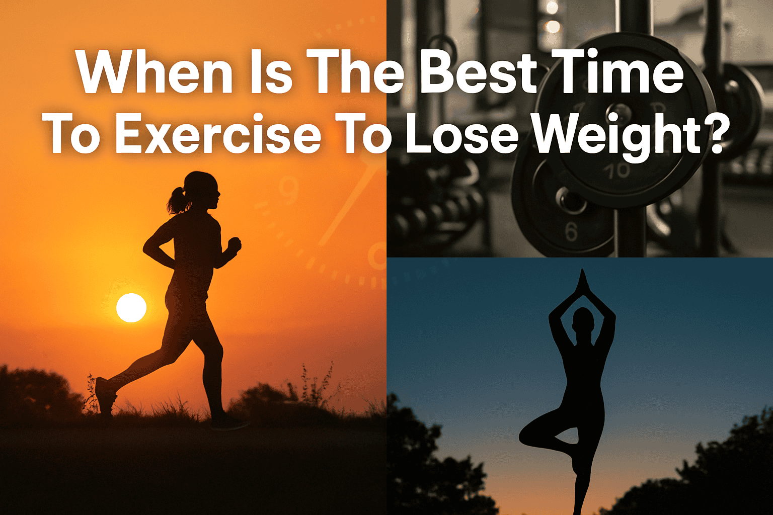 Collage showing a woman running at sunset, a rack of weights in a gym, and a person doing yoga, with the text "When Is The Best Time to Exercise to Lose Weight? Science-Backed Guide.