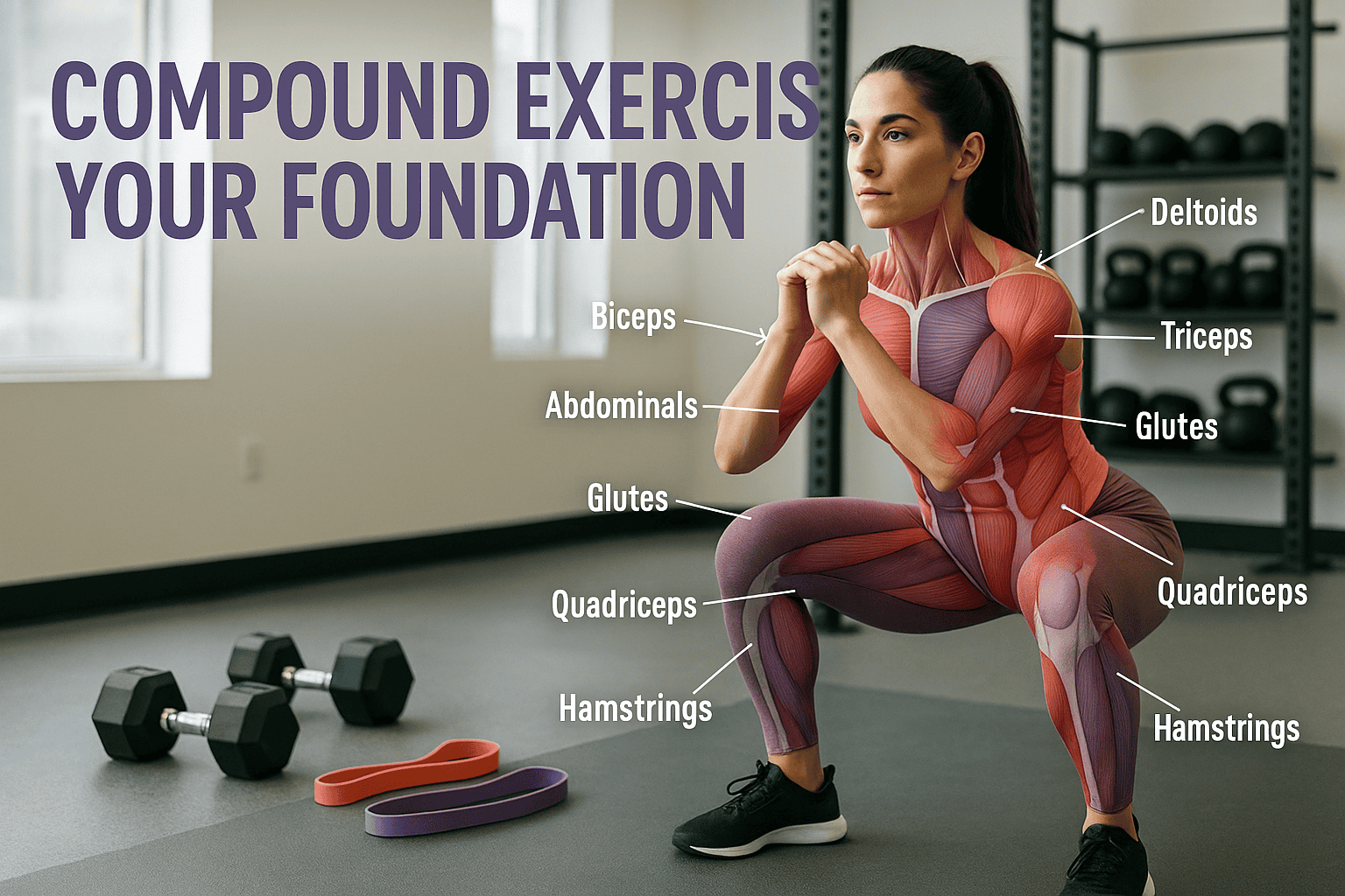 Detailed landscape editorial image (1536x1024) showing foundational compound exercises demonstration with professional female trainer perfor