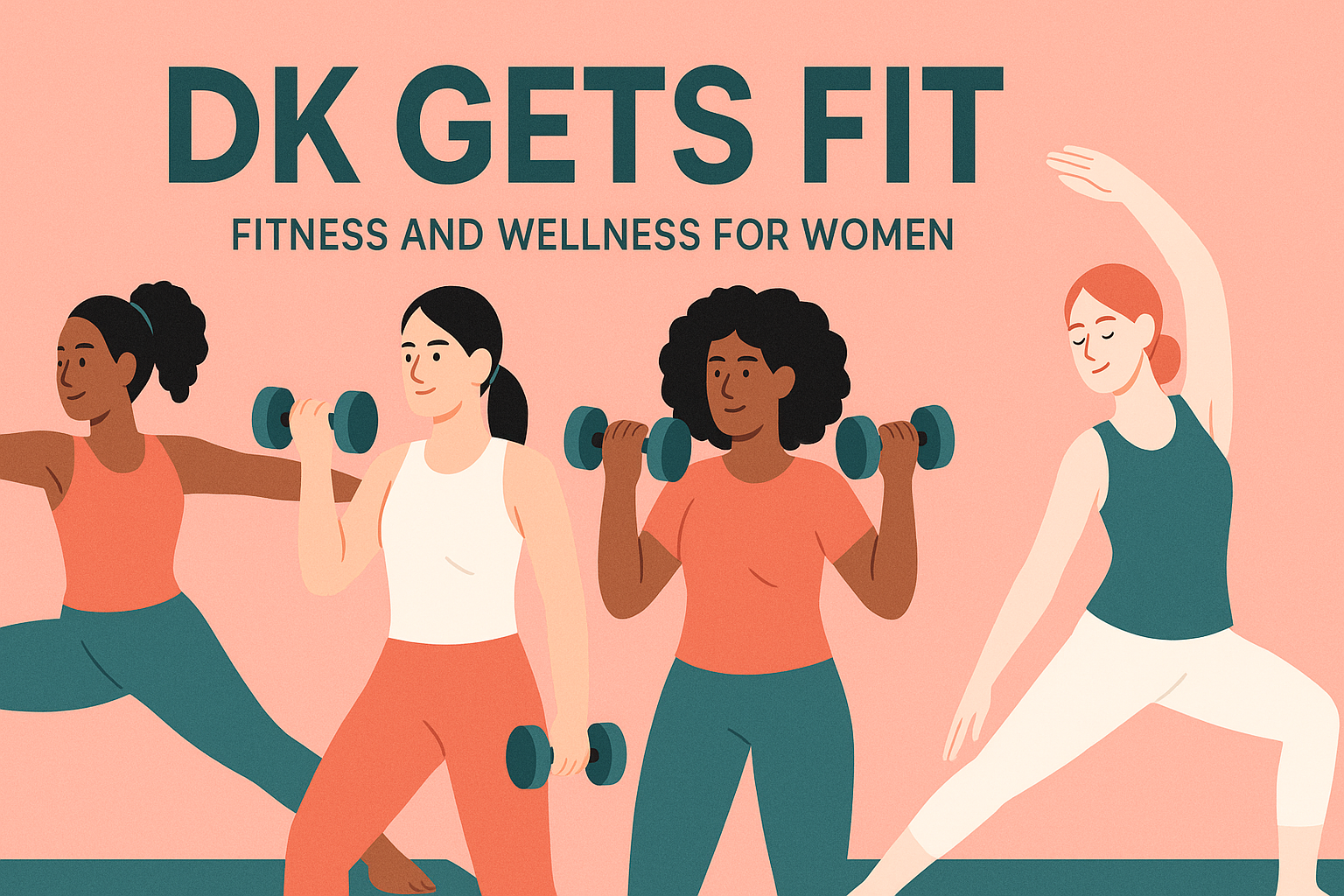 Illustration of four women exercising with dumbbells and stretching, with the text "DK Gets Fit: Fitness and Wellness for Women" in the background.